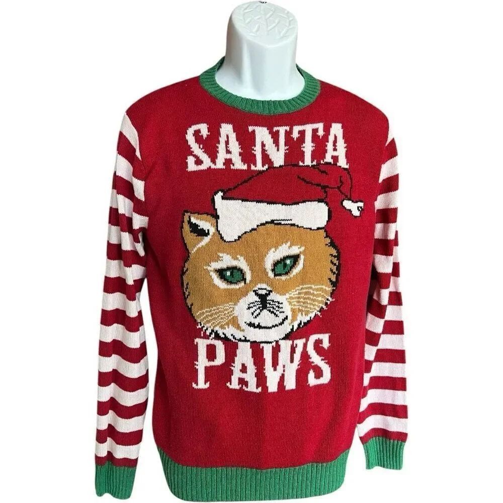 Unisex Ugly Christmas Sweater Santa Paws Cat Themed Holiday Sweater - Sz S